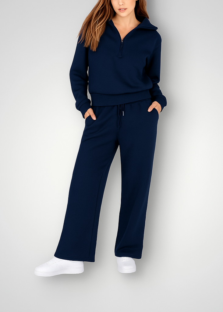 Women's Wide Leg Lounge Set – Zip-Up Top High Waist Pants Set