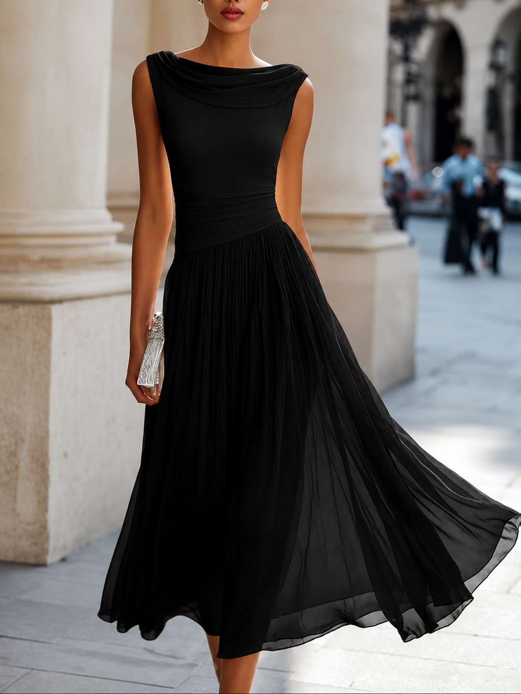 Women's Pleated Midi Dress – Flowy Formal Wedding Guest Dress