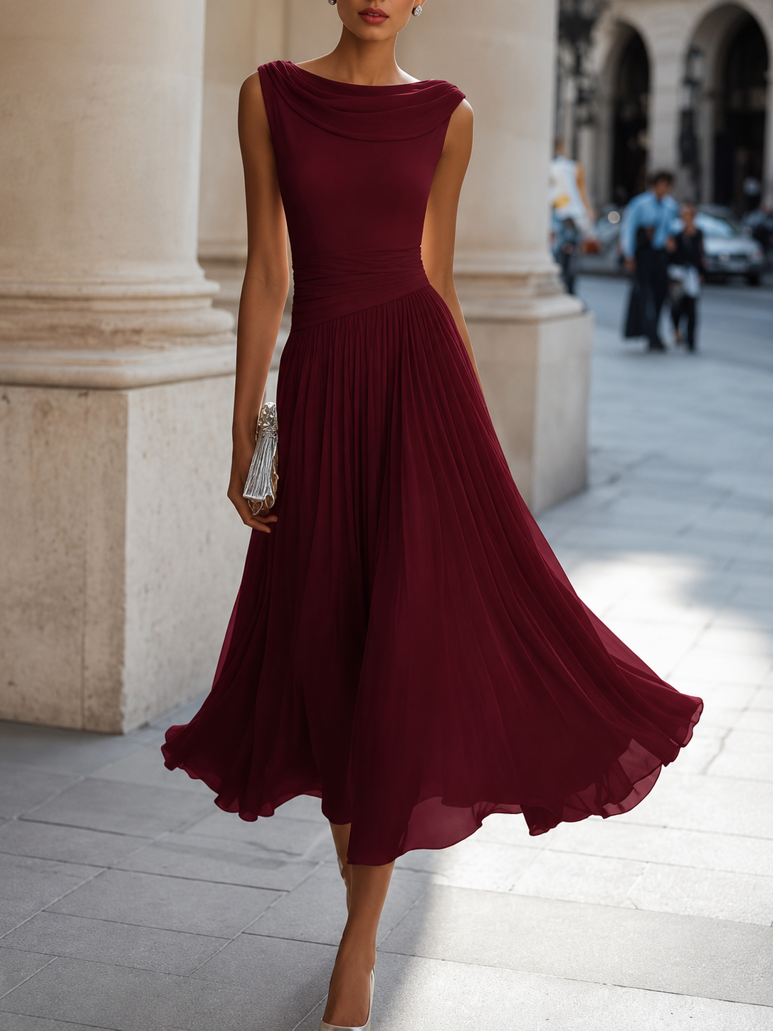 Women's Pleated Midi Dress – Flowy Formal Wedding Guest Dress