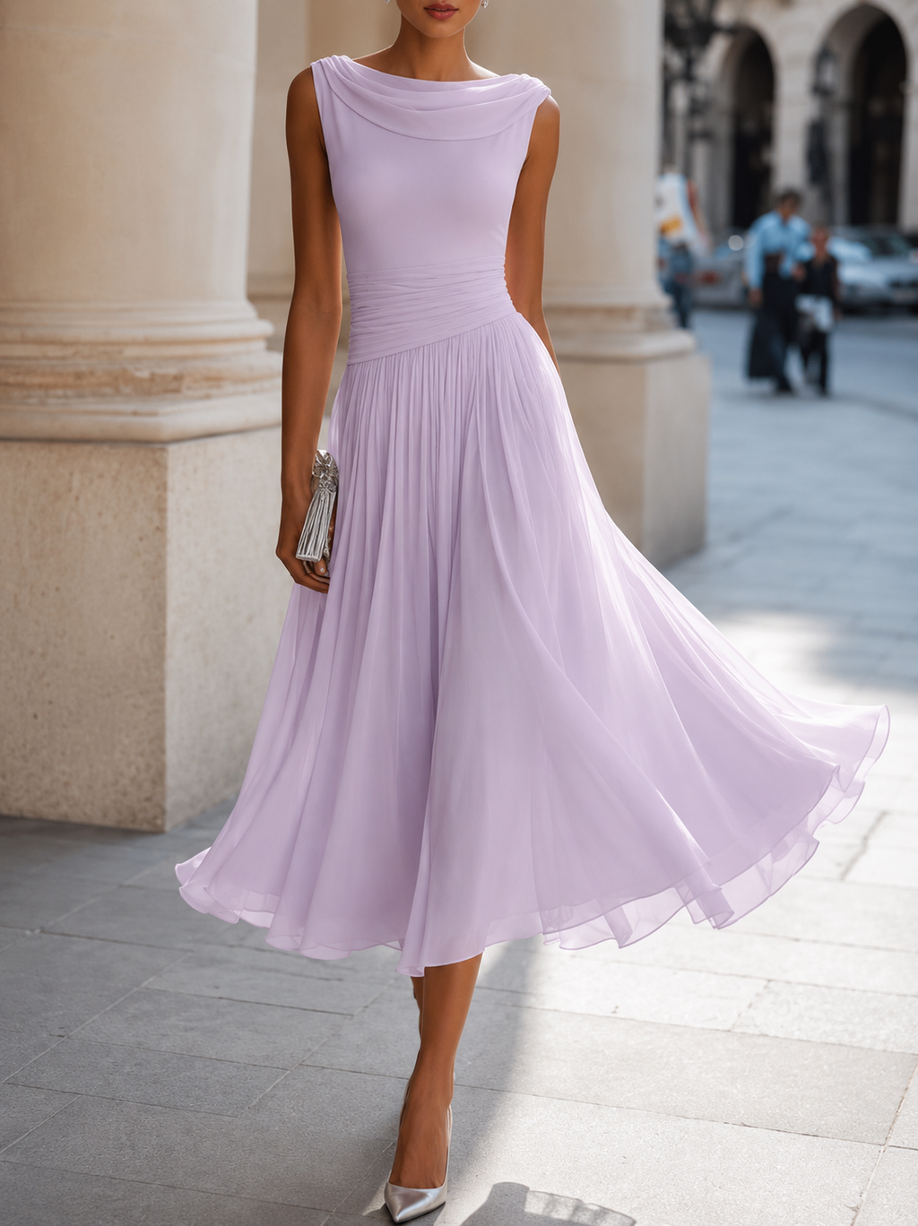 Women's Pleated Midi Dress – Flowy Formal Wedding Guest Dress