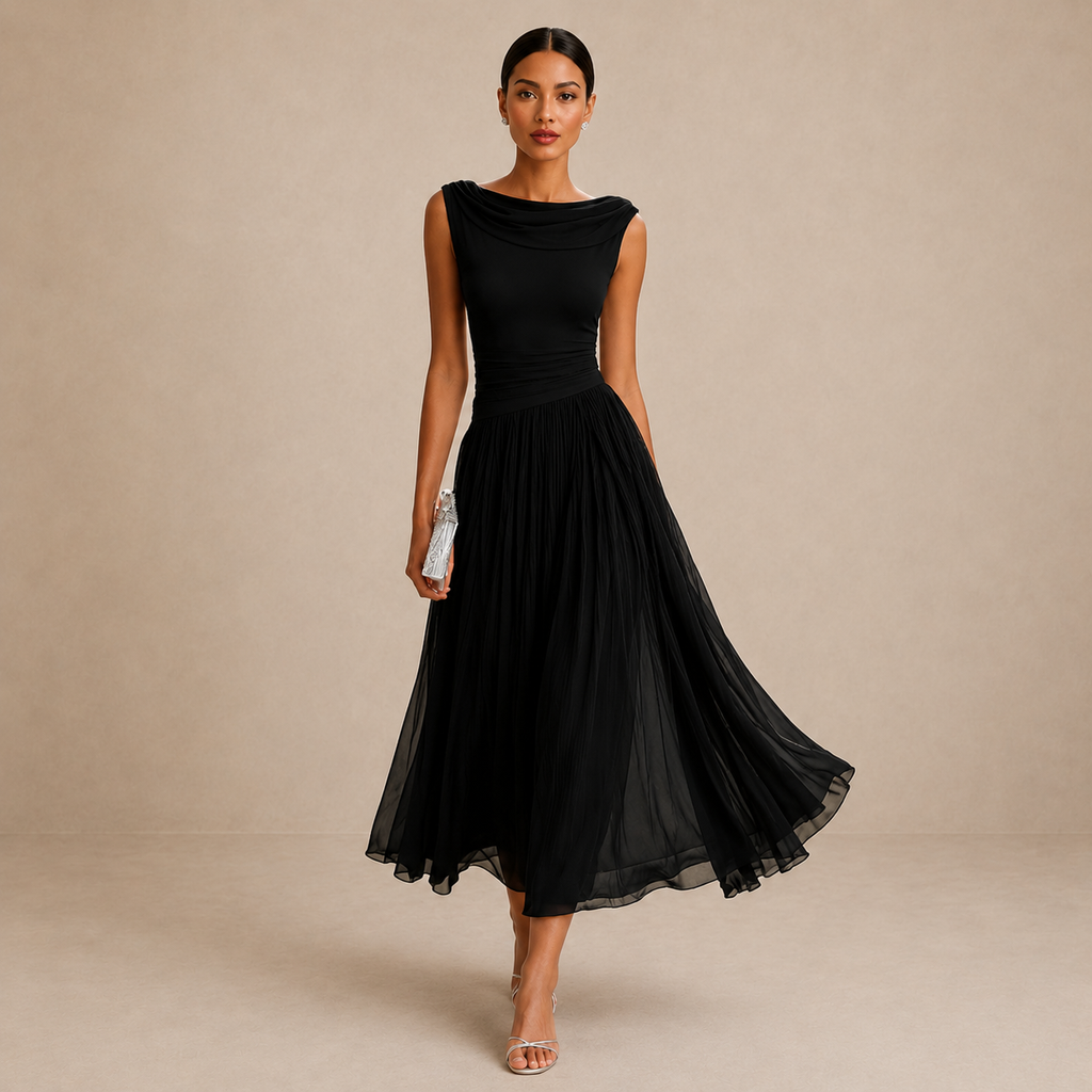 Women's Pleated Midi Dress – Flowy Formal Wedding Guest Dress