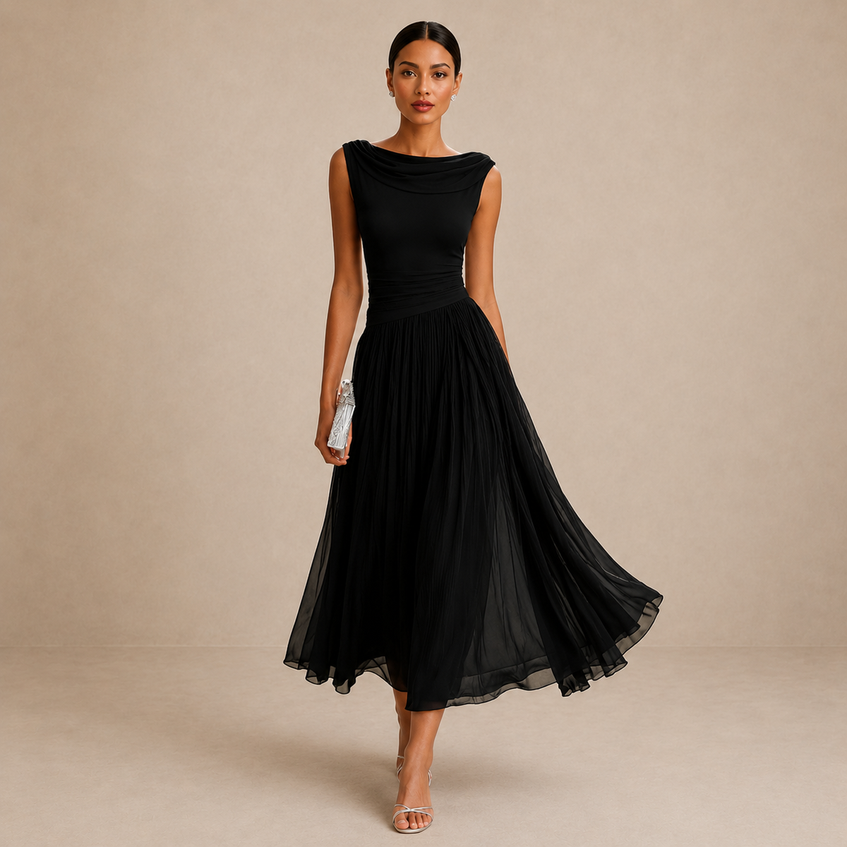 Women's Pleated Midi Dress – Cinched Waist Wedding Guest Dress