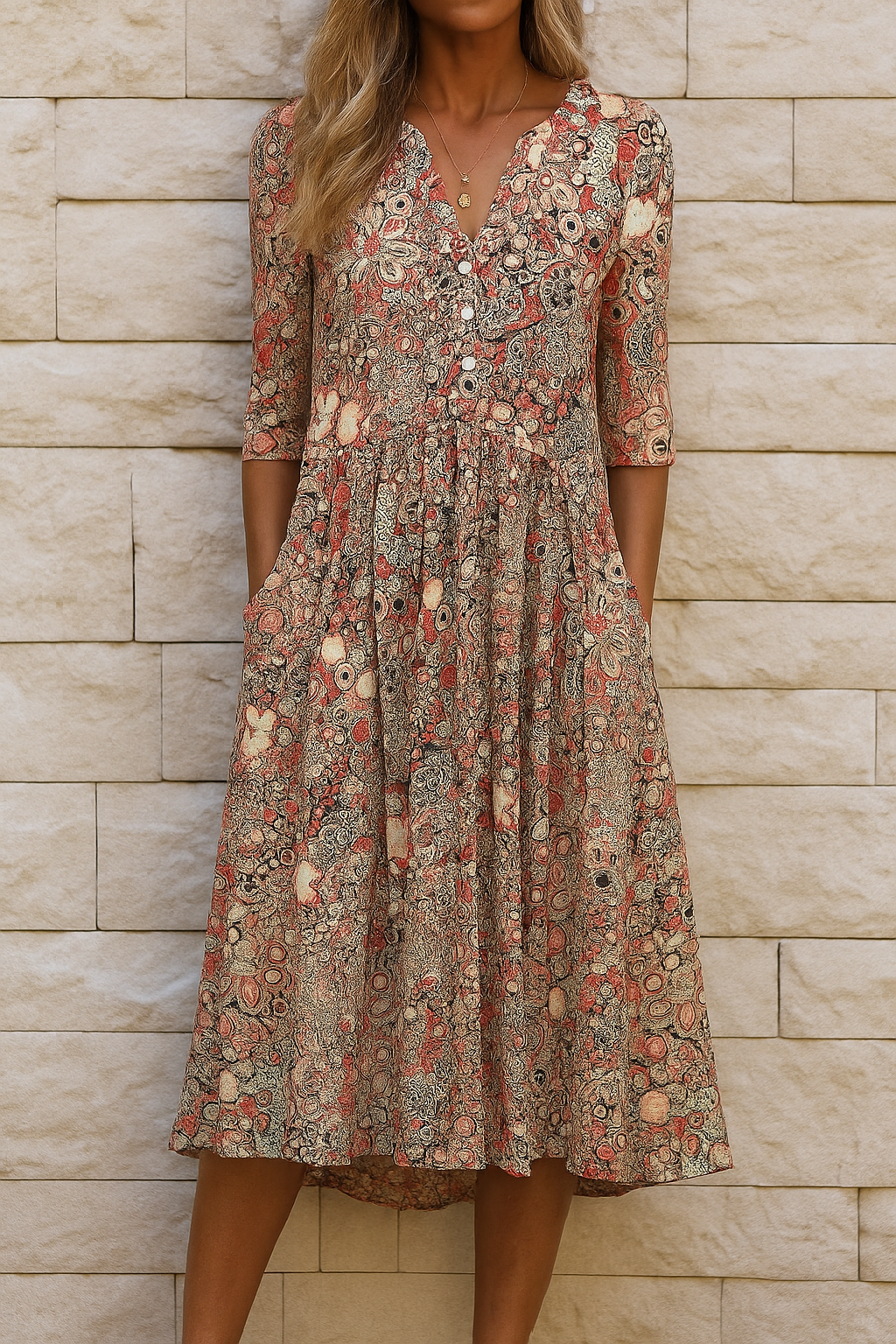 Women's Printed Midi Dress – Flowy V-Neck Summer Dress