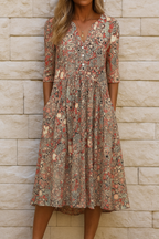 Women's Printed Midi Dress – Flowy V-Neck Summer Dress