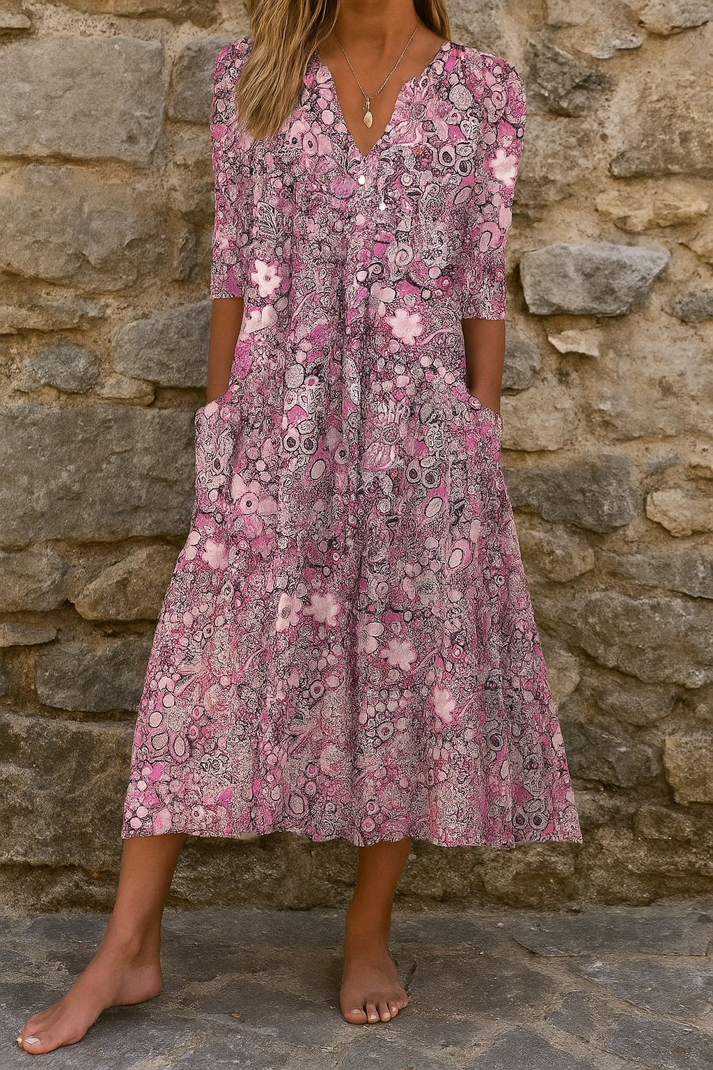 Women's Printed Midi Dress – Flowy V-Neck Summer Dress