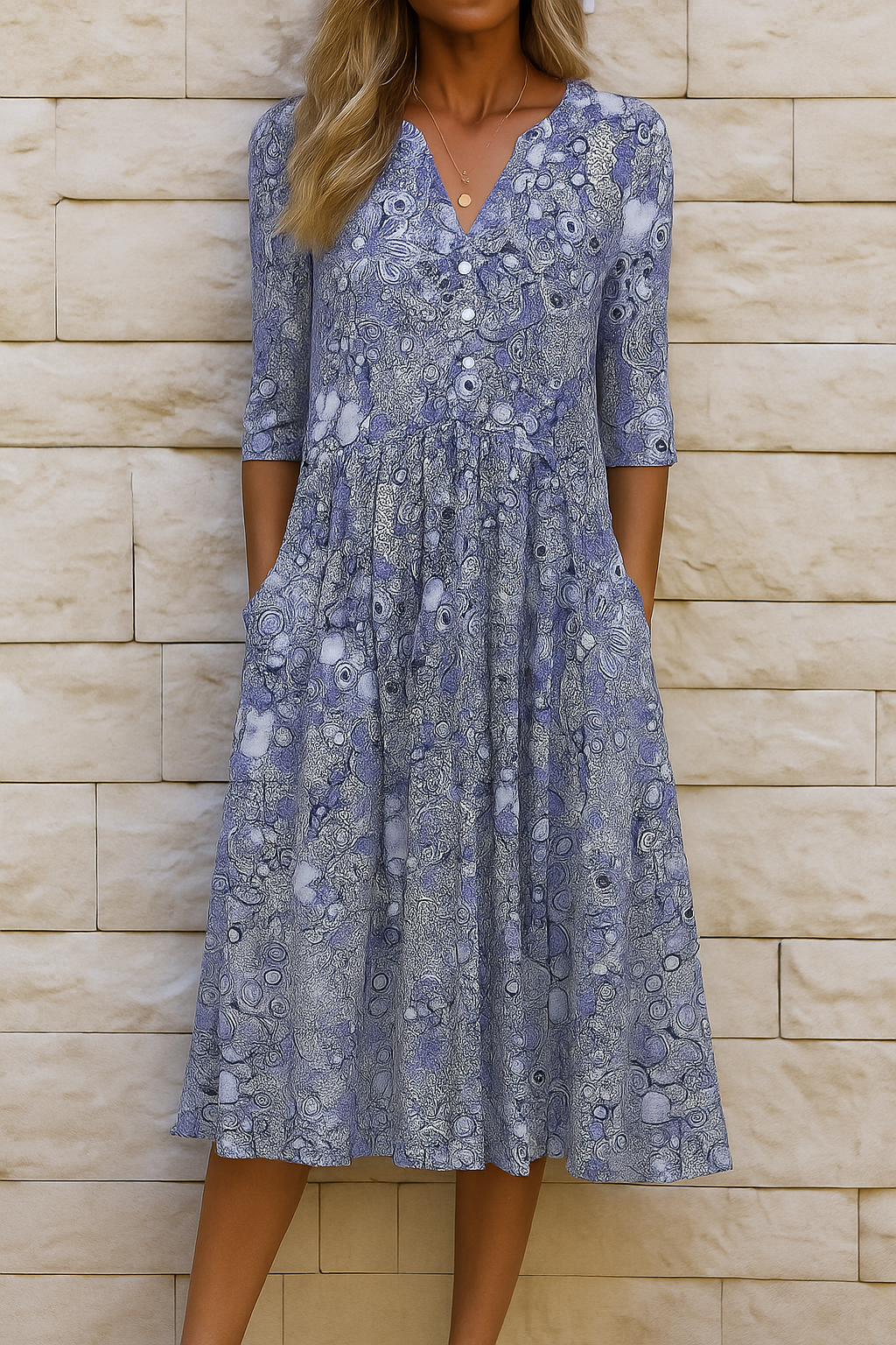 Women's Printed Midi Dress – Flowy V-Neck Summer Dress