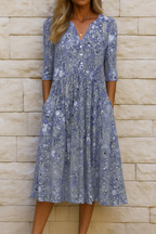 Women's Printed Midi Dress – Flowy V-Neck Summer Dress