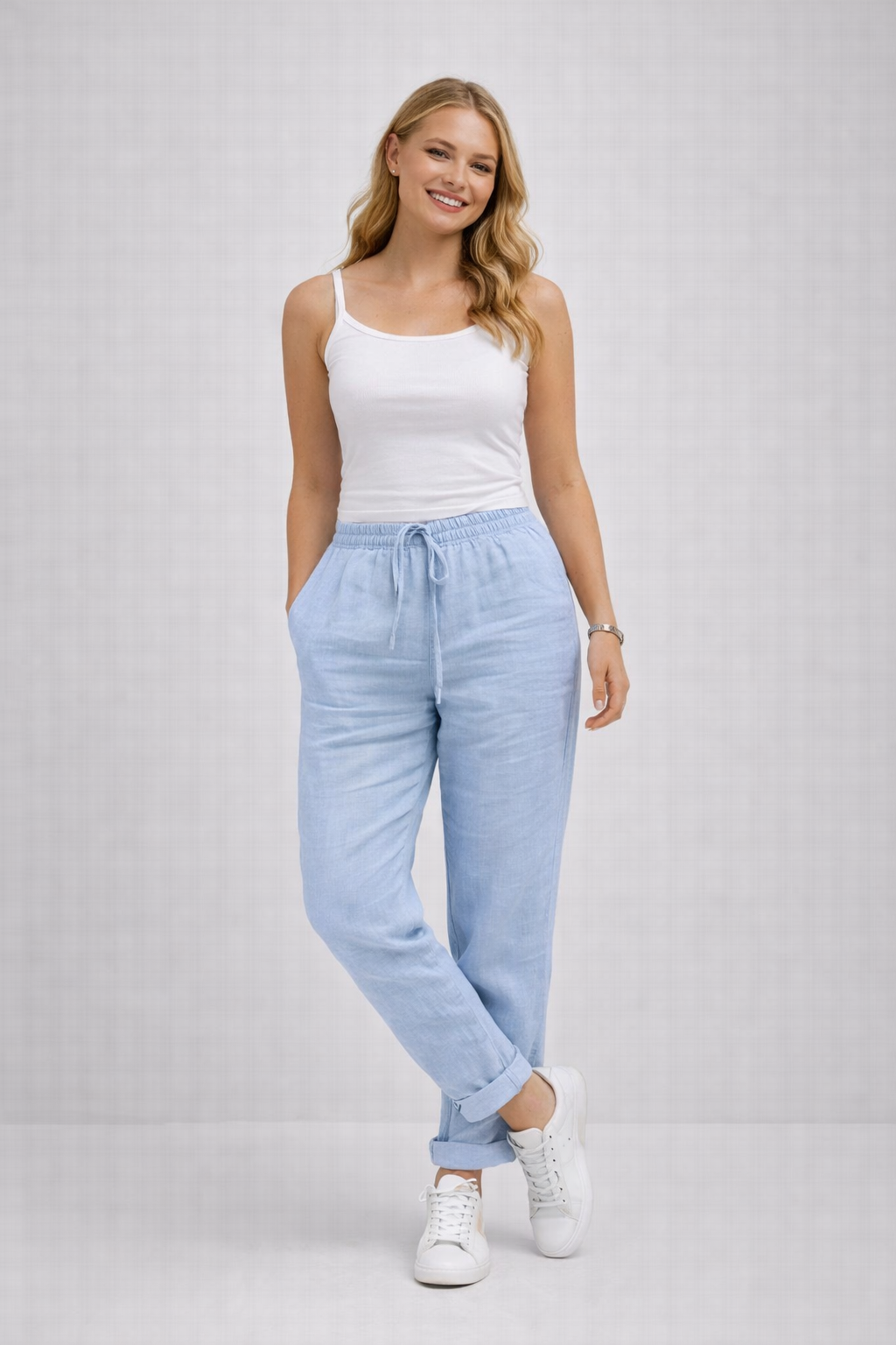 Women's Straight Leg Drawstring Pants – Elastic Waist Casual Pocket Trousers