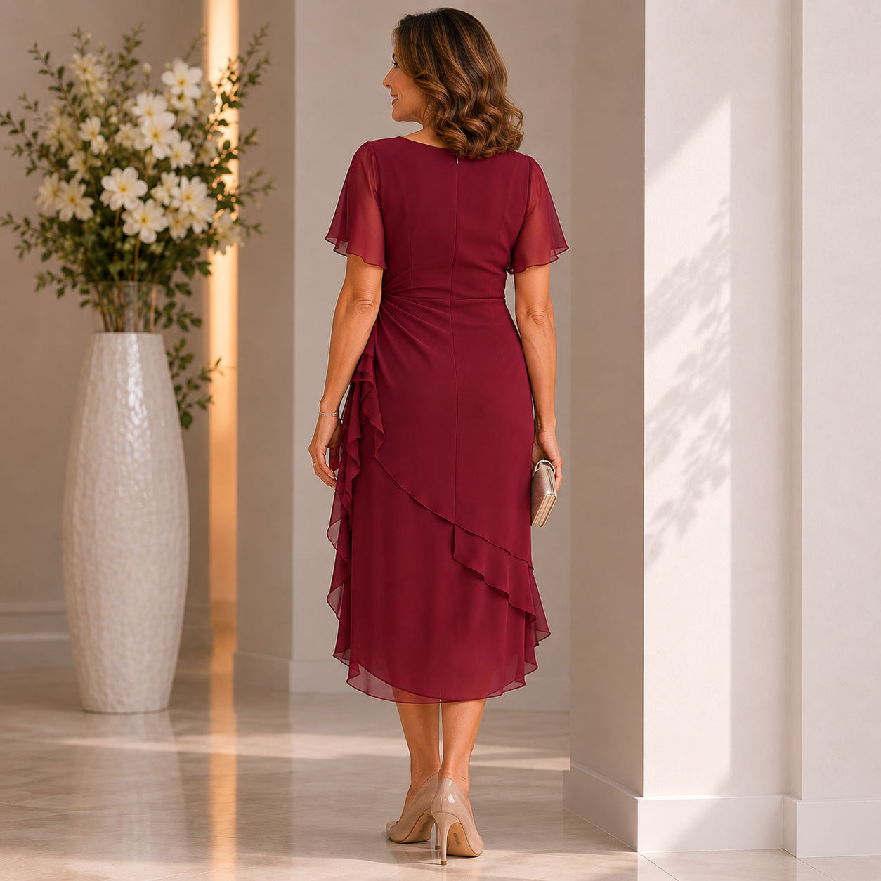 Women's Wedding Guest Midi Dress – Ruched Waist Ruffle Occasion Dress
