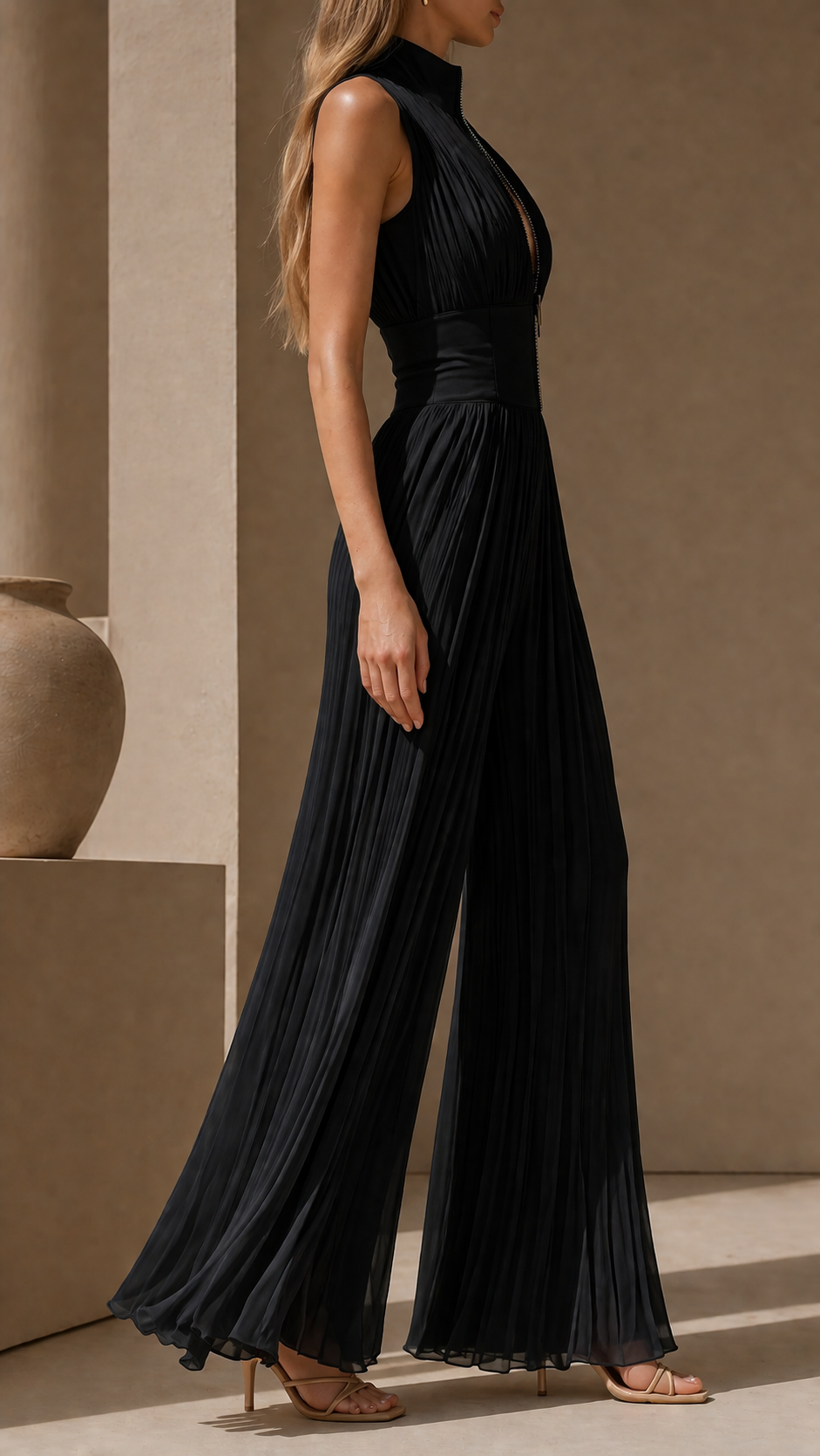 Women's Pleated Formal Jumpsuit – Tailored Evening Party Jumpsuit