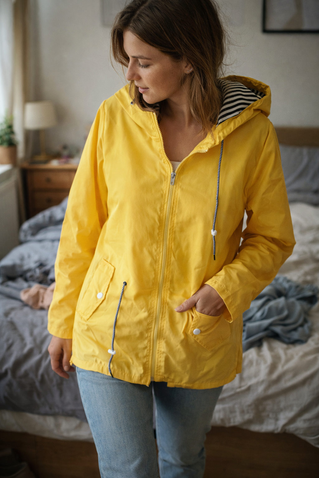 Women's Hooded Rain Jacket – Longline Zip-Up Drawstring Waist Jacket