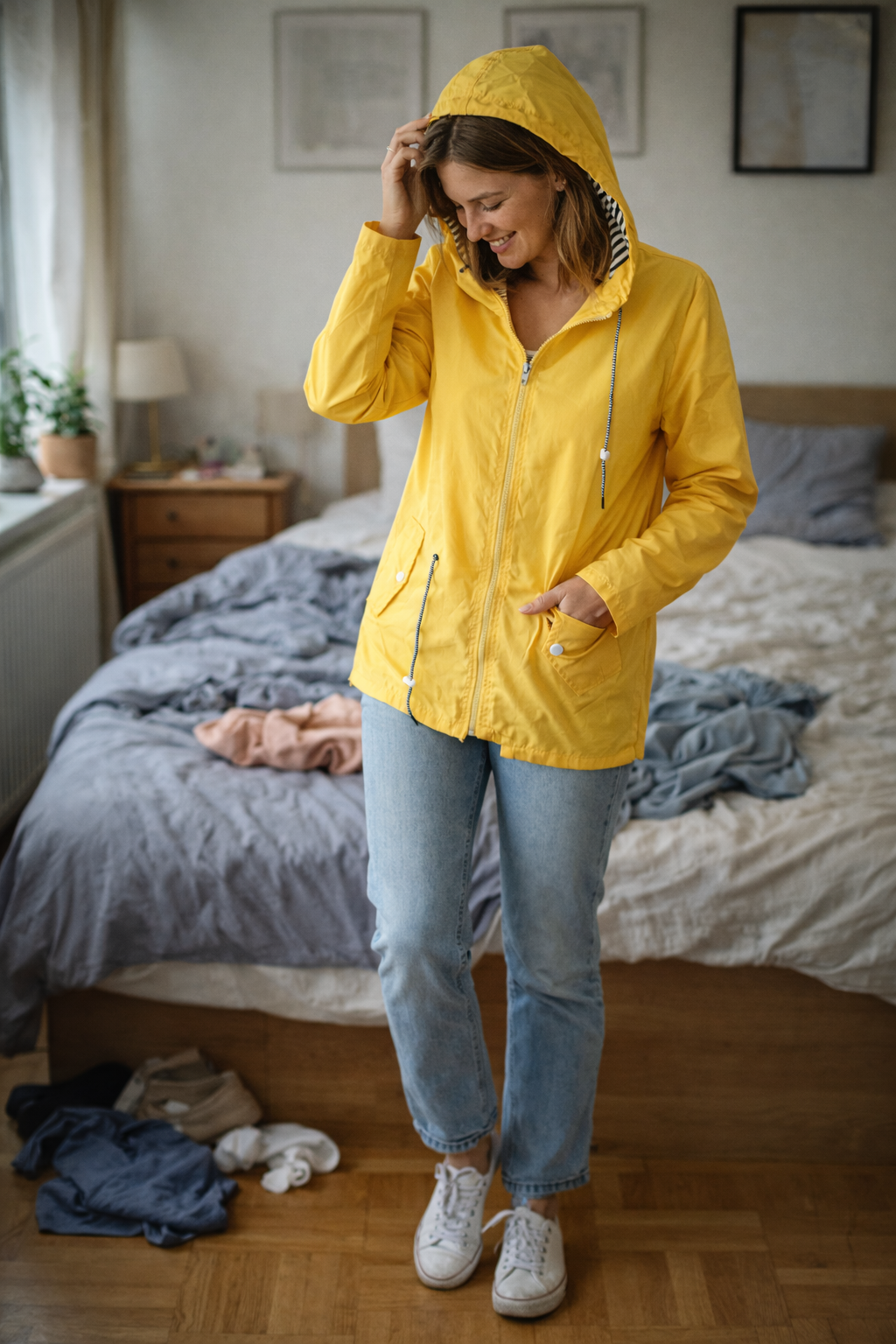 Women's Hooded Rain Jacket – Longline Zip-Up Drawstring Waist Jacket