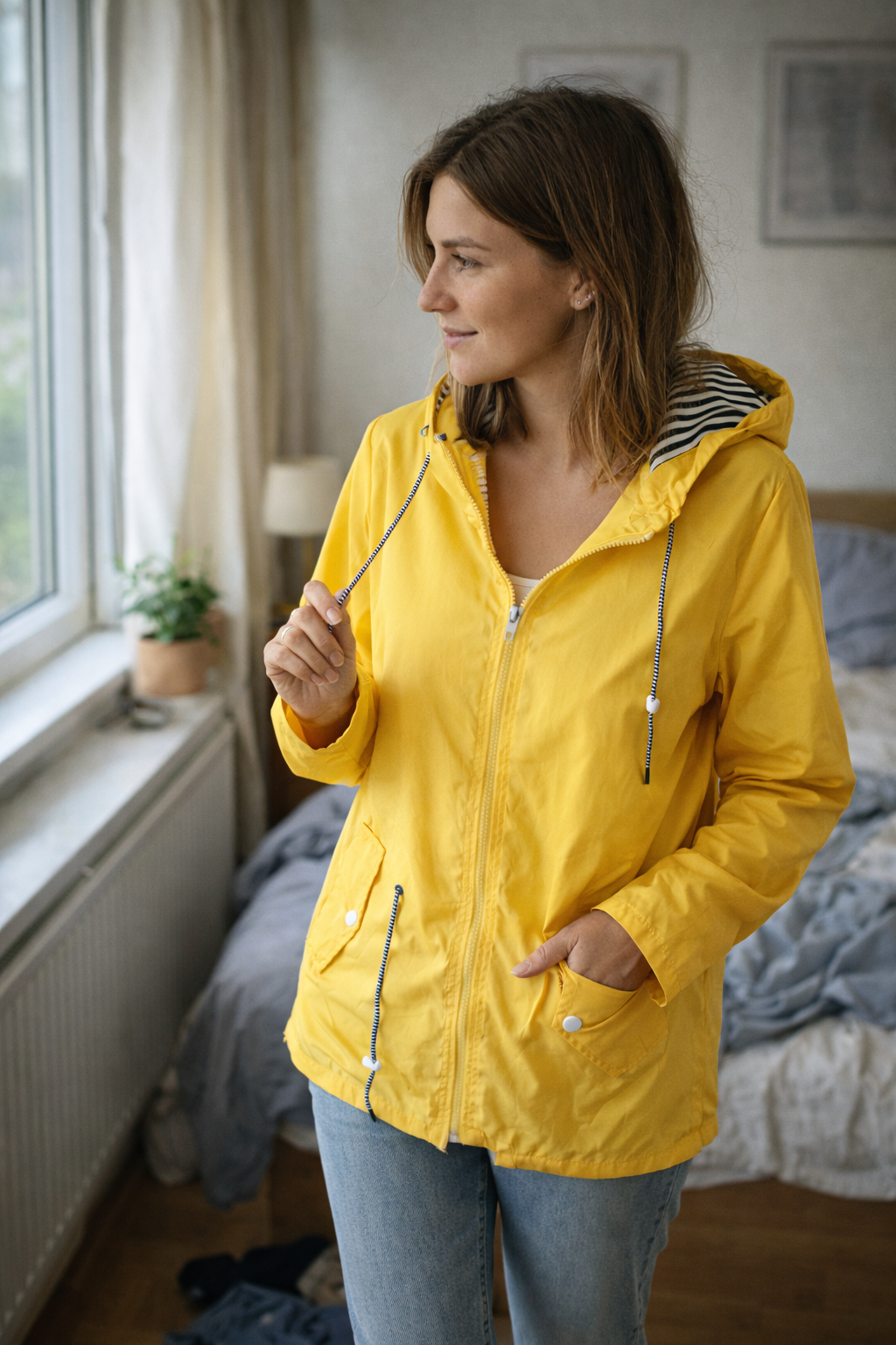 Women's Hooded Rain Jacket – Longline Zip-Up Drawstring Waist Jacket