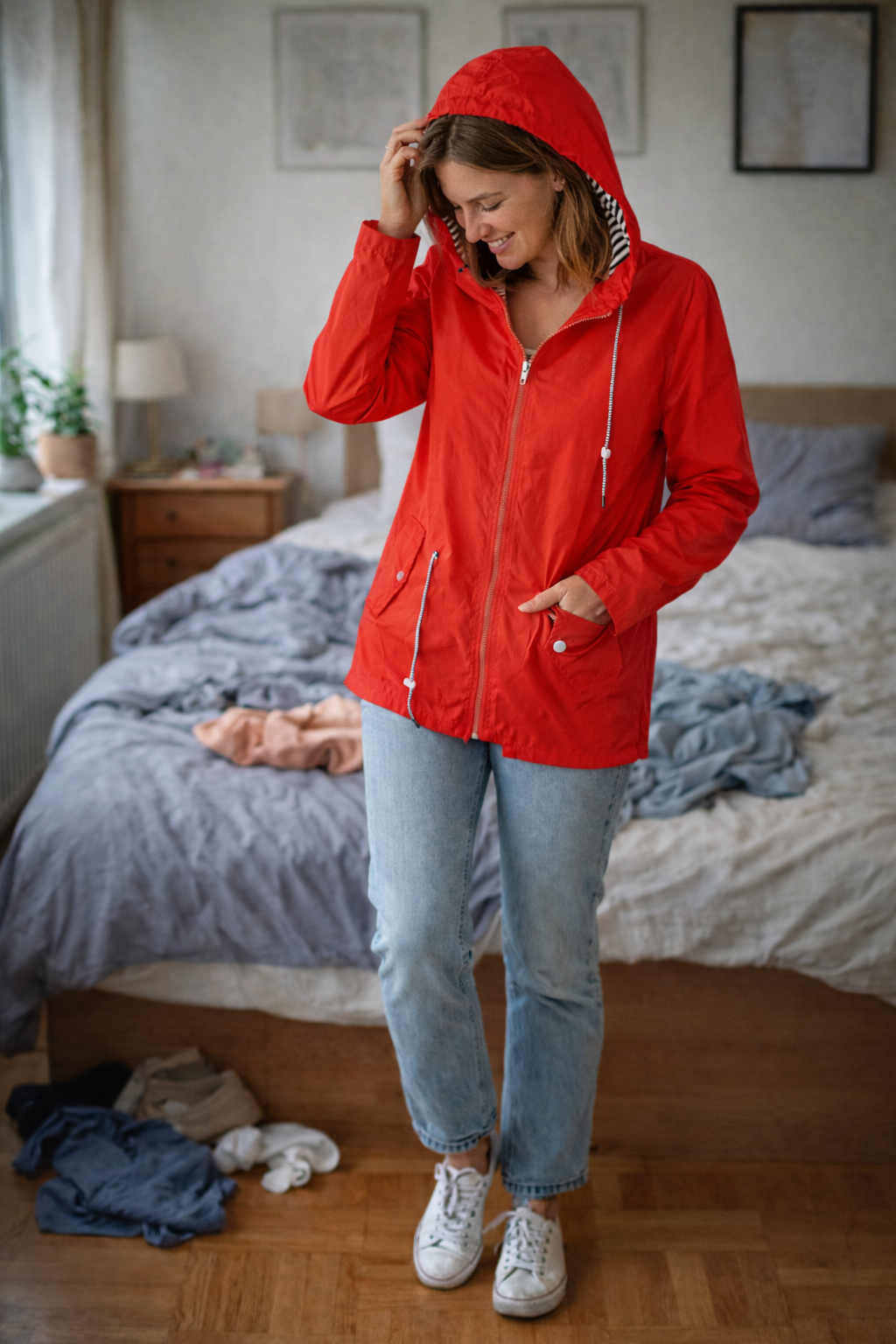 Women's Hooded Rain Jacket – Longline Zip-Up Drawstring Waist Jacket