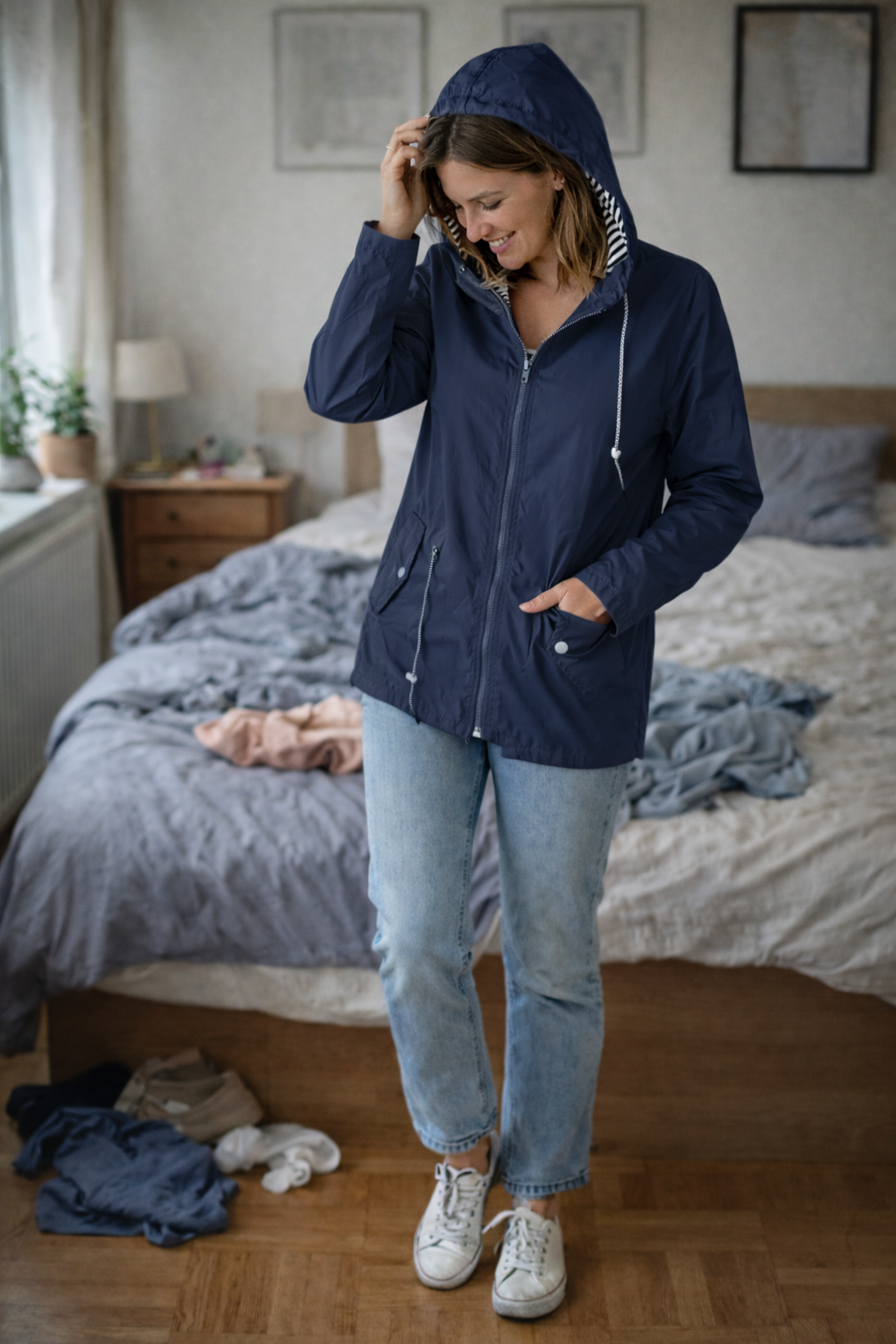 Women's Hooded Rain Jacket – Longline Zip-Up Drawstring Waist Jacket