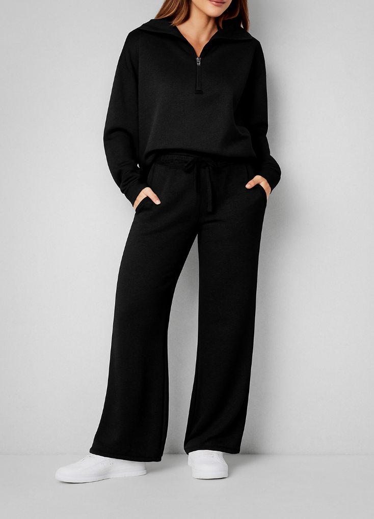 Women's Wide Leg Lounge Set – Zip-Up Top High Waist Pants Set