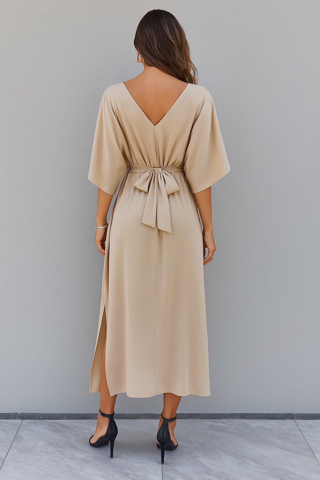 Women's Tie Waist Maxi Dress – Deep V-Neck Side Split Long Dress