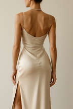 Women's V-Neck Evening Maxi Dress – Draped Side Slit Formal Gown