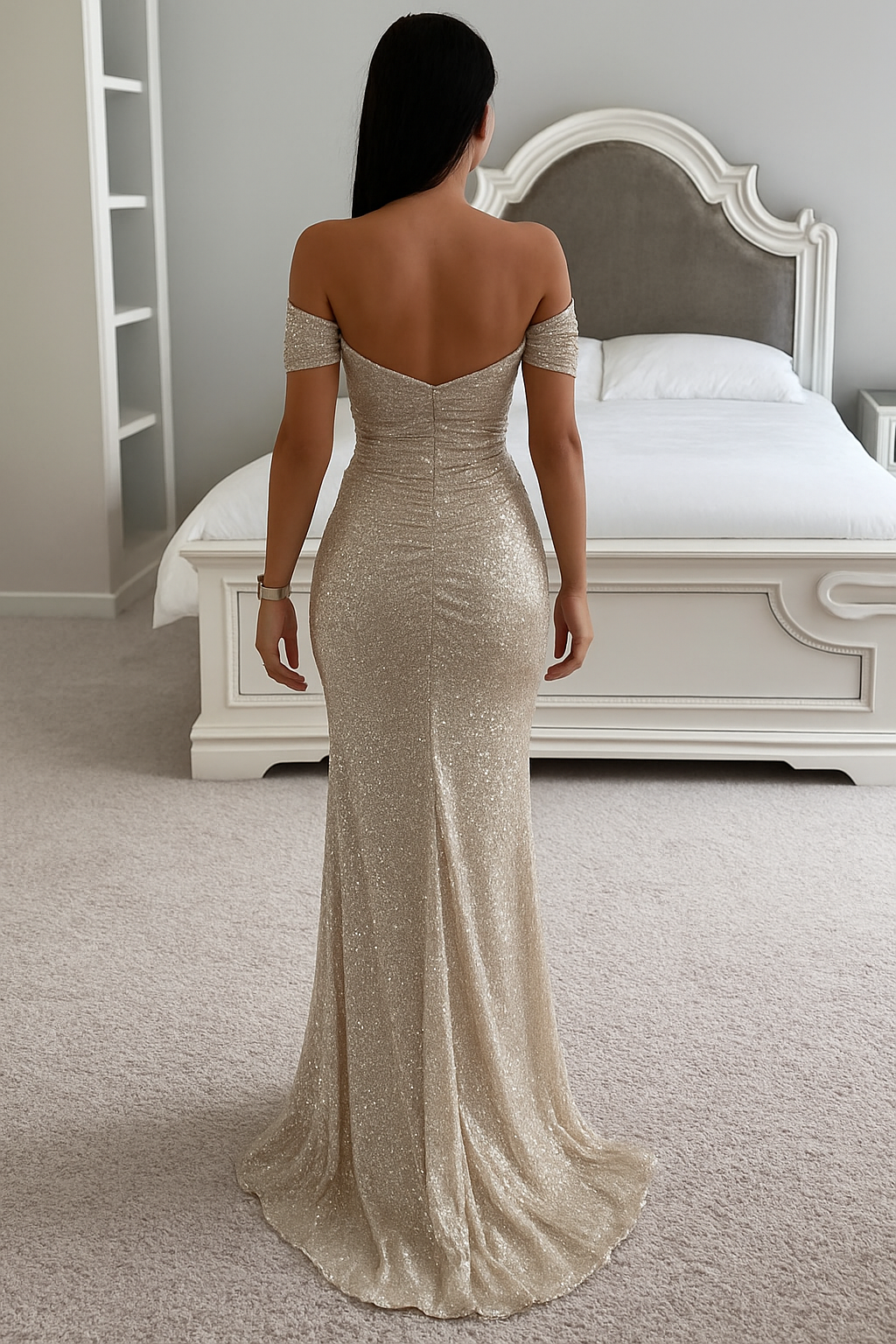 Women's Off-Shoulder Sequin Maxi Dress – Pleated High Slit Evening Gown