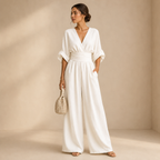 Women's V-Neck Wrap Jumpsuit – Tailored Waist Wide Leg Evening Jumpsuit