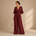 Women's V-Neck Wrap Jumpsuit – Tailored Waist Wide Leg Evening Jumpsuit