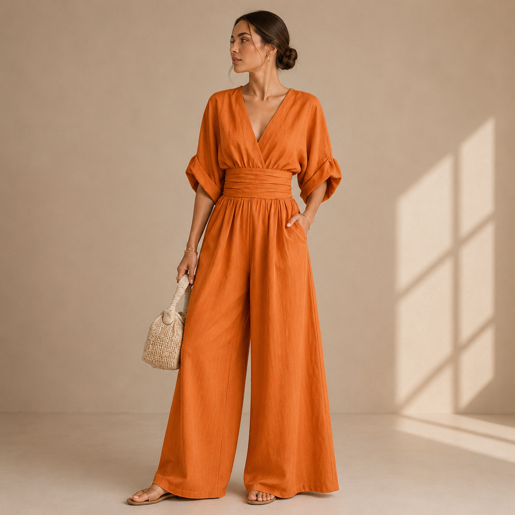 Women's V-Neck Wrap Jumpsuit – Tailored Waist Wide Leg Evening Jumpsuit