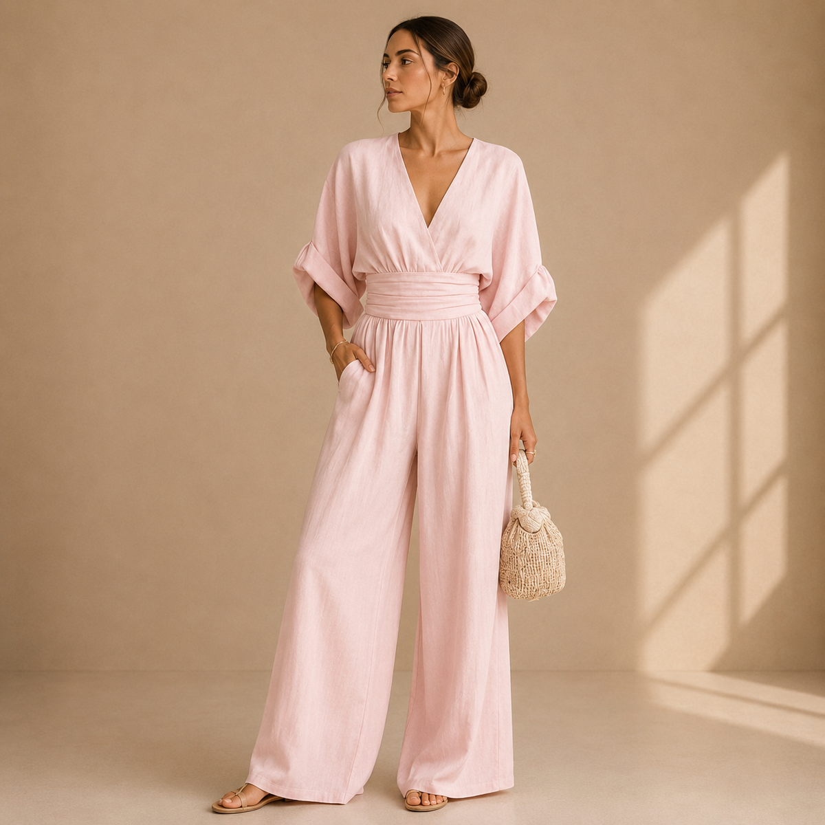 Women's V-Neck Wrap Jumpsuit – Tailored Waist Wide Leg Evening Jumpsuit
