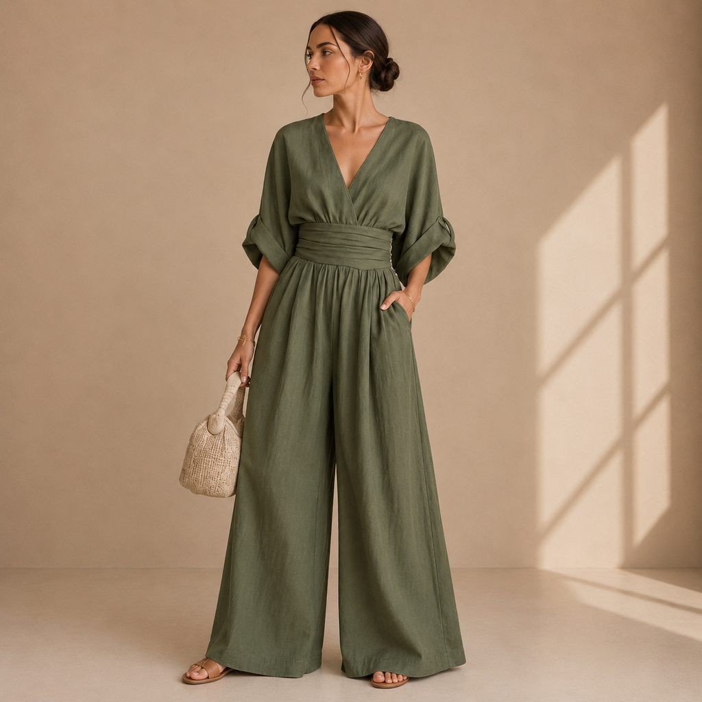 Women's V-Neck Wrap Jumpsuit – Tailored Waist Wide Leg Evening Jumpsuit
