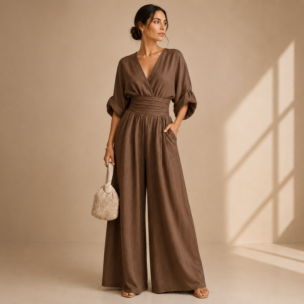 Women's V-Neck Wrap Jumpsuit – Tailored Waist Wide Leg Evening Jumpsuit