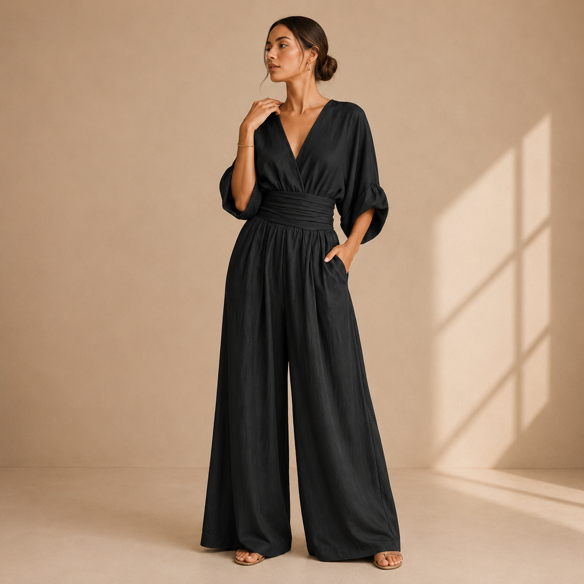 Women's V-Neck Wrap Jumpsuit – Tailored Waist Wide Leg Evening Jumpsuit