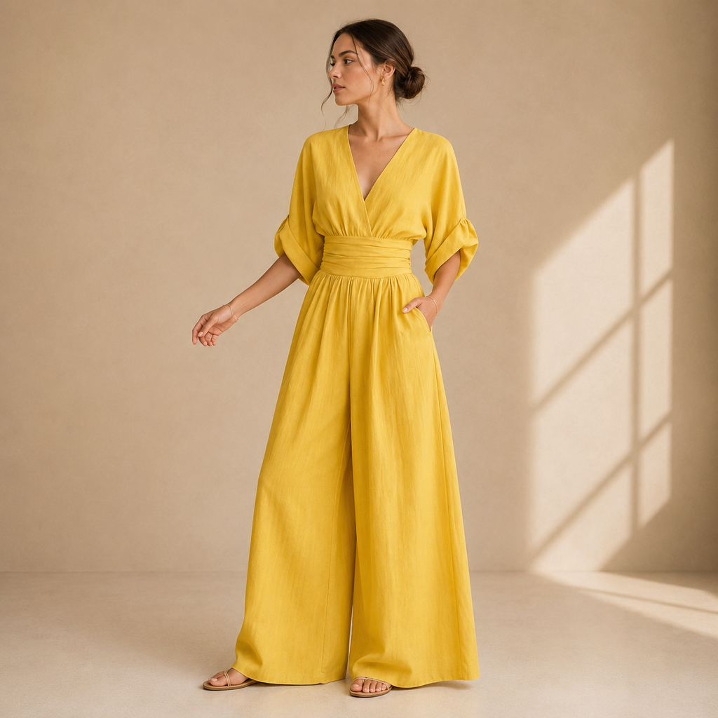 Women's V-Neck Wrap Jumpsuit – Tailored Waist Wide Leg Evening Jumpsuit