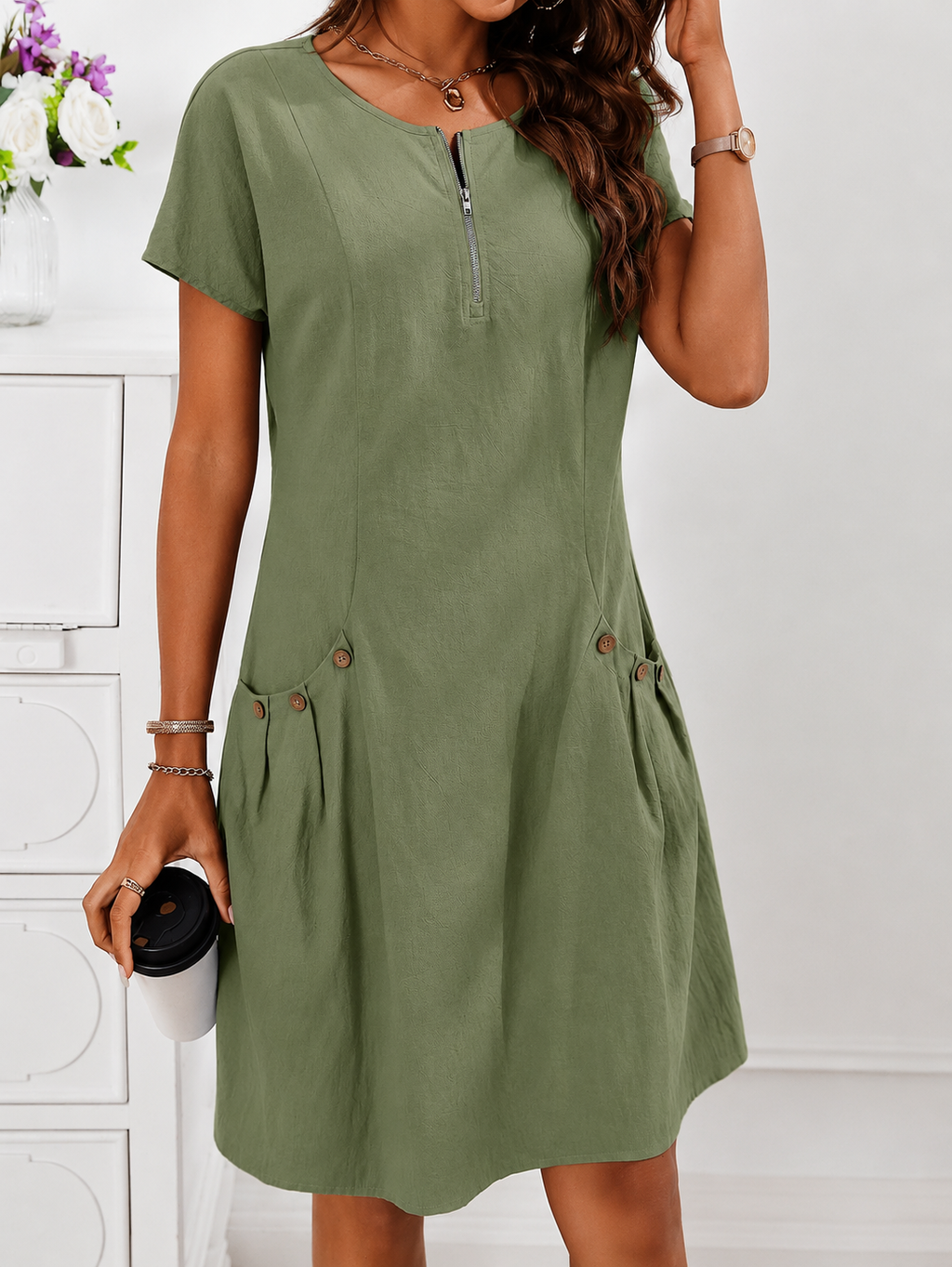 Women's A-Line Midi Dress – Short Sleeve Pocket Day Dress