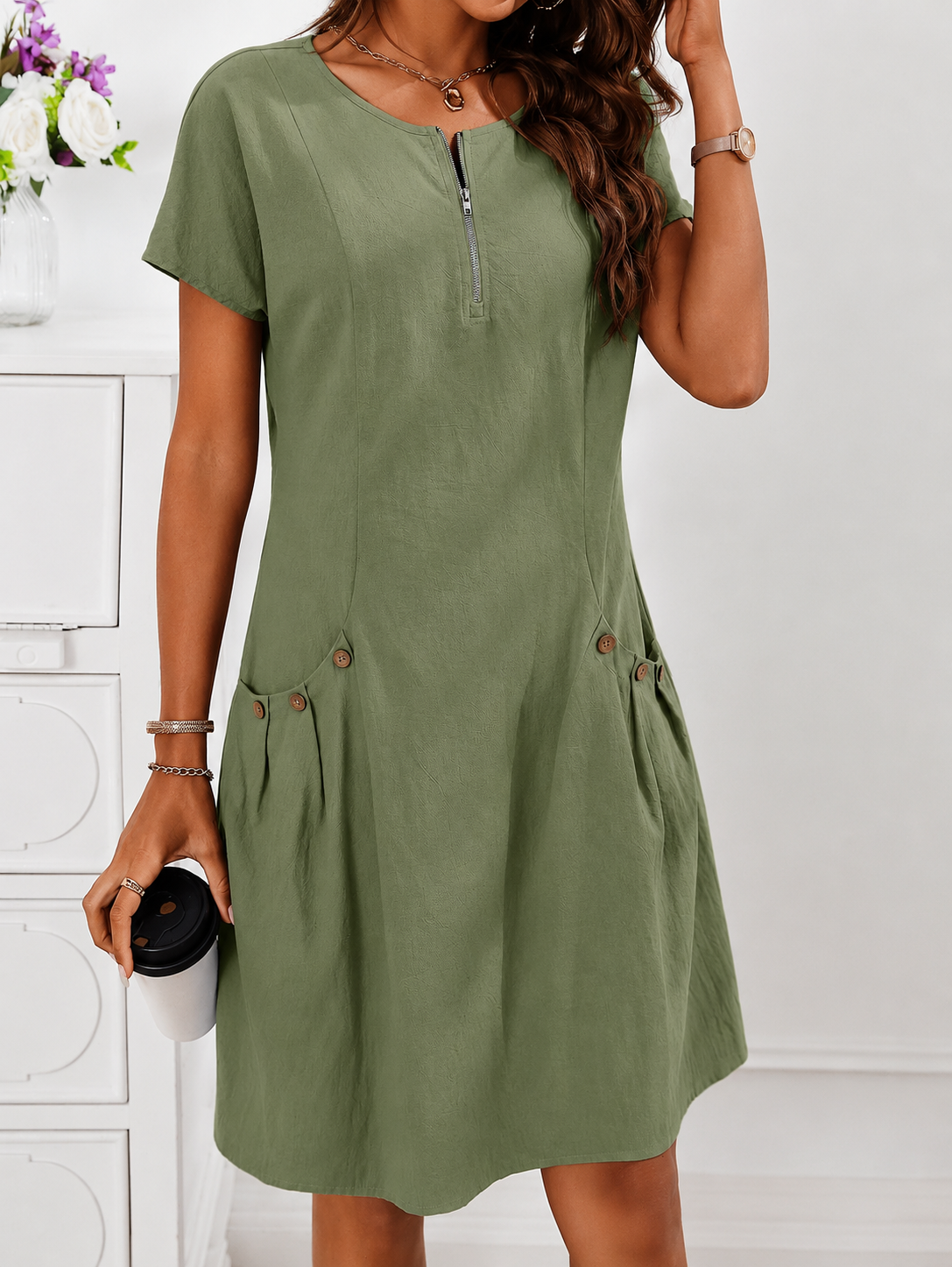 Women's A-Line Midi Dress – Short Sleeve Pocket Day Dress