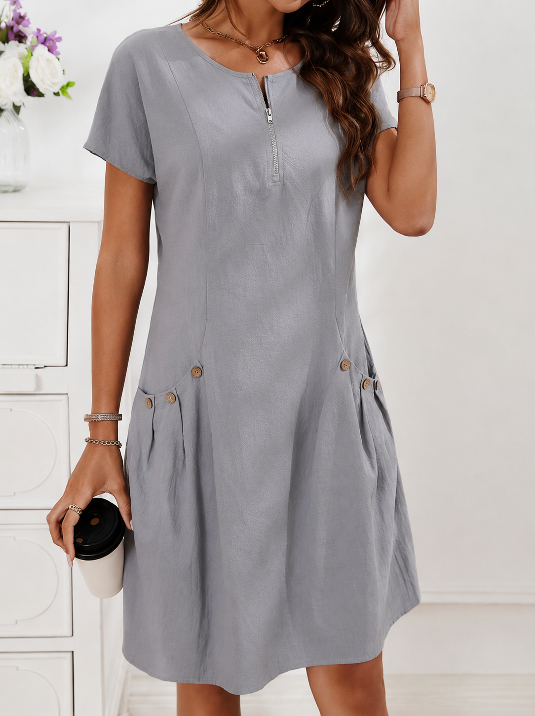 Women's A-Line Midi Dress – Short Sleeve Pocket Day Dress