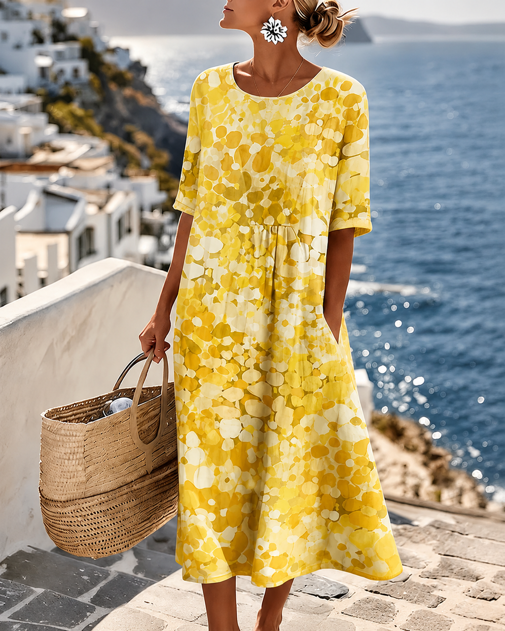 Women's Floral Midi Dress – Short Sleeve Flowy Summer Dress