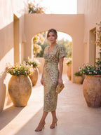 Women's Wrap Midi Dress – Twist Waist Fitted Occasion Dress