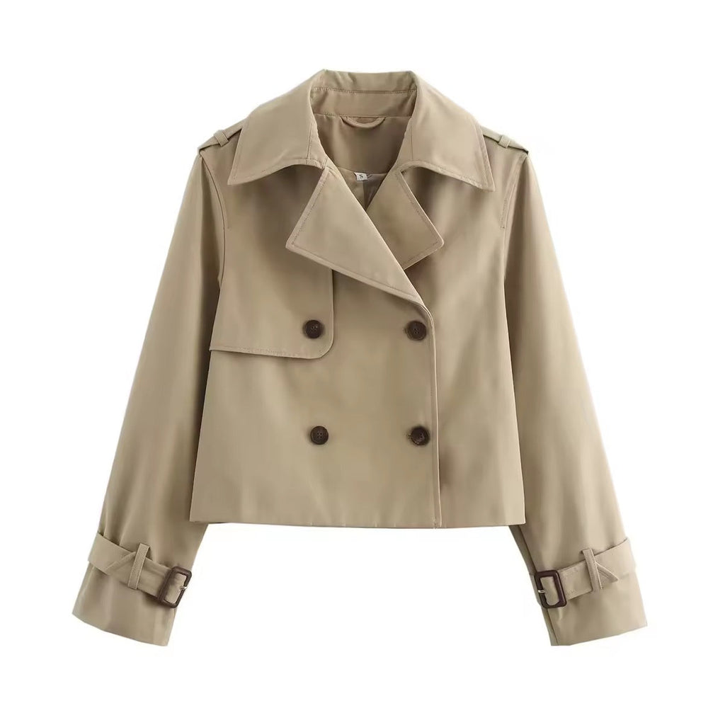 Women's Cropped Trench Coat – Double-Breasted Short Jacket