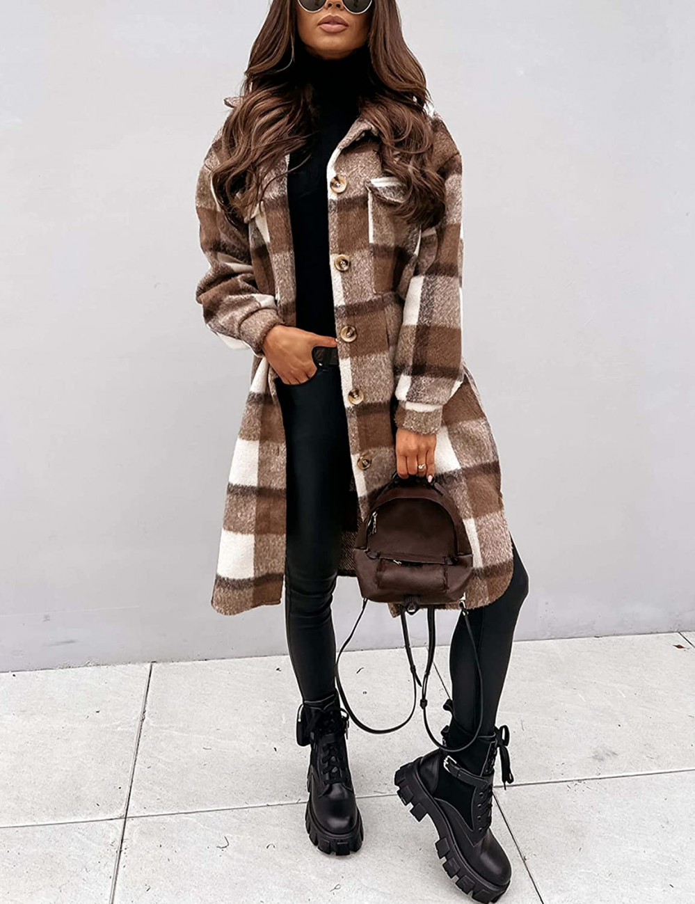 Women's Plaid Long Coat – Relaxed Button Front Winter Coat