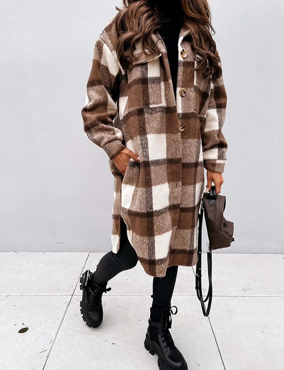 Women's Plaid Long Coat – Relaxed Button Front Winter Coat