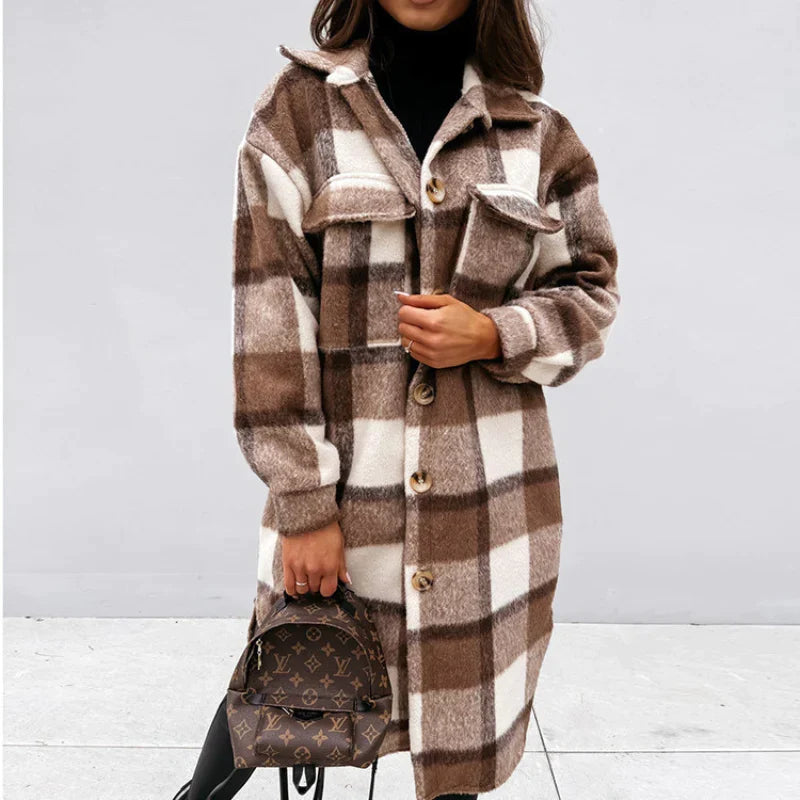 Women's Plaid Long Coat – Relaxed Button Front Winter Coat