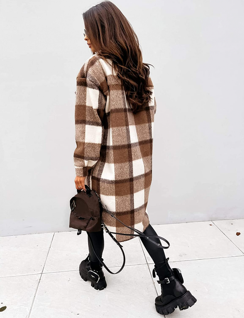 Women's Plaid Long Coat – Relaxed Button Front Winter Coat