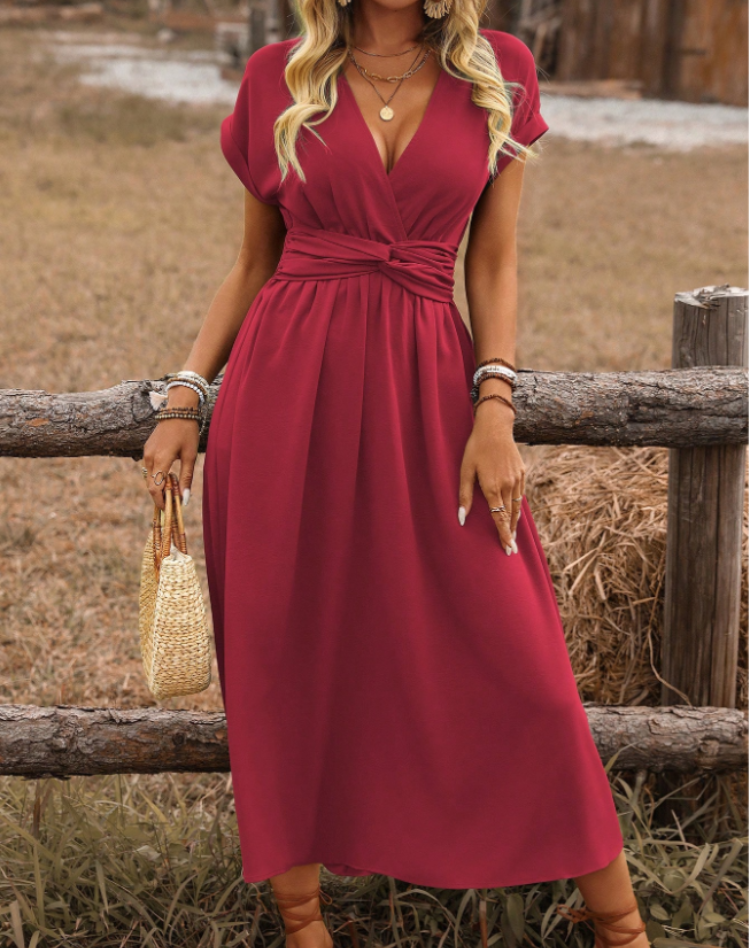 Women's V-Neck Maxi Dress – Cinched Waist Flowy Wedding Guest Dress