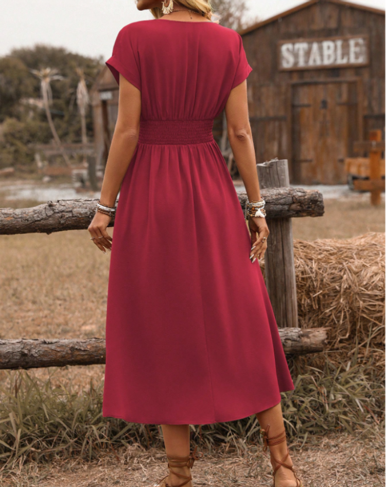 Women's V-Neck Maxi Dress – Cinched Waist Flowy Wedding Guest Dress