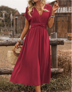 Women's V-Neck Maxi Dress – Cinched Waist Flowy Wedding Guest Dress