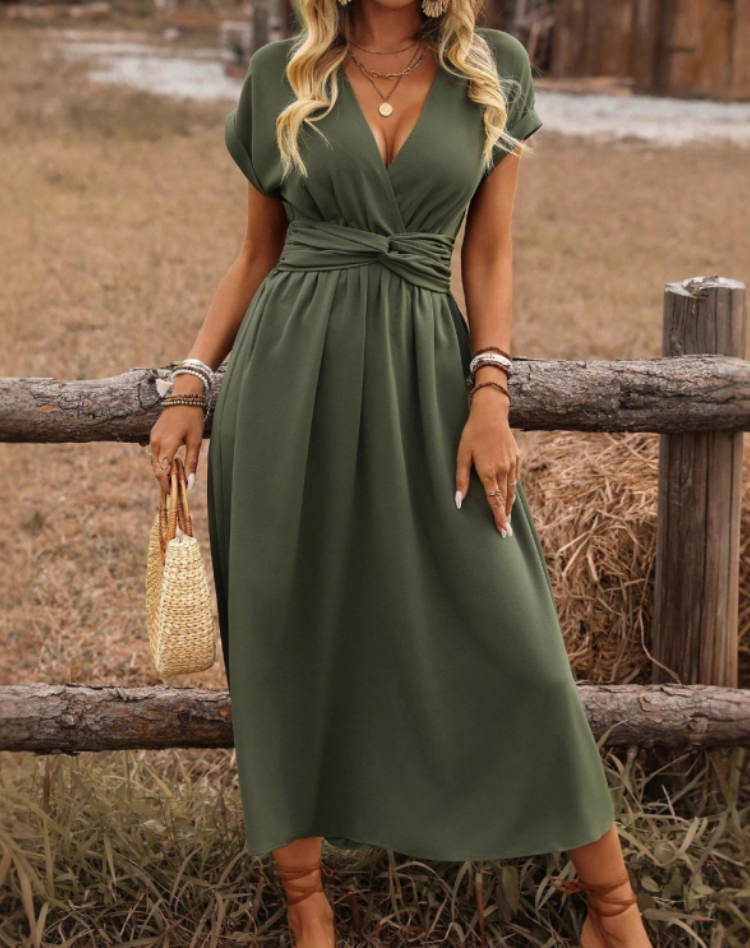 Women's V-Neck Maxi Dress – Cinched Waist Flowy Wedding Guest Dress