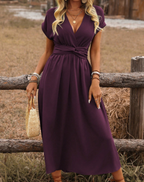 Women's V-Neck Maxi Dress – Cinched Waist Flowy Wedding Guest Dress