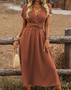Women's V-Neck Maxi Dress – Cinched Waist Flowy Wedding Guest Dress