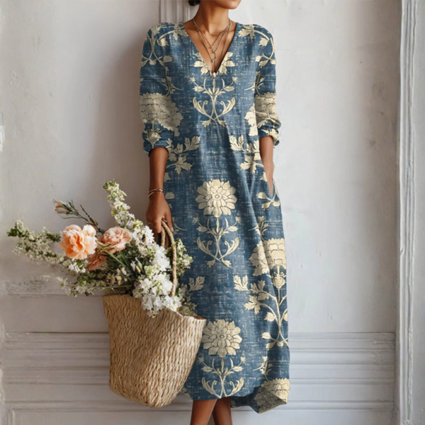Women's Vintage Floral Midi Dress – Relaxed A-Line Summer Dress