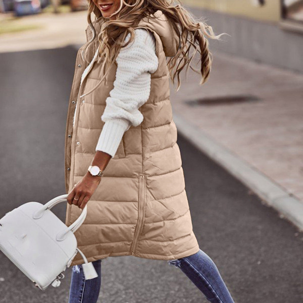 Women's Long Hooded Puffer Vest – Sleeveless Quilted Pocket Bodywarmer