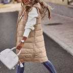 Women's Long Hooded Puffer Vest – Sleeveless Quilted Pocket Bodywarmer